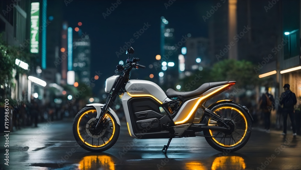 Motorcycle parked on the street at night