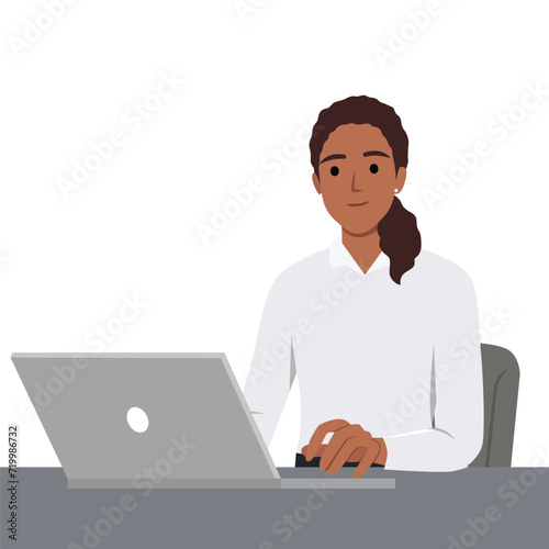 Remote working or work from home concept during the pandemic with a woman using a laptop on desk. Flat vector illustration isolated on white background