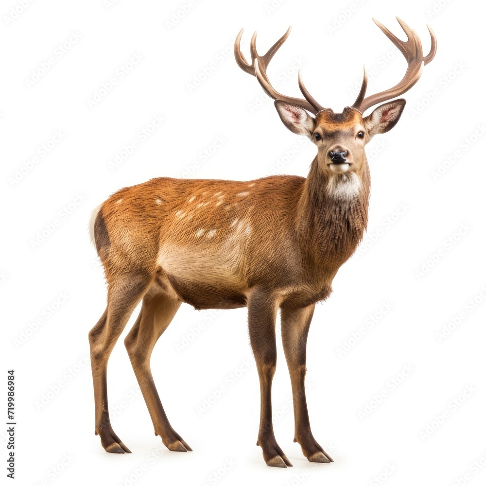 Fototapeta premium A serene deer stands out on a pure white backdrop, Ai Generated