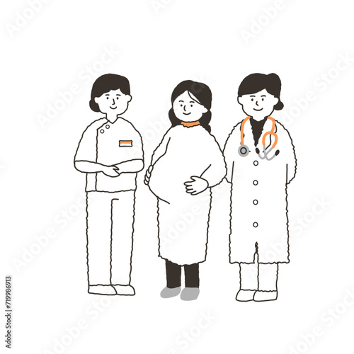妊婦さんと医者（女性）と看護師
