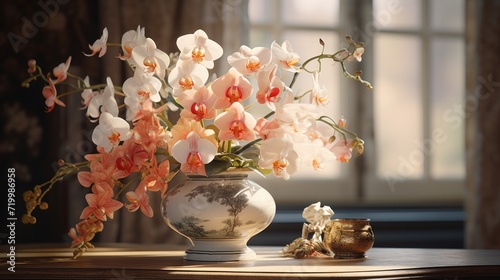 A vibrant painting of pink orchids gracefully arranged in a clear vase, Ai Generated