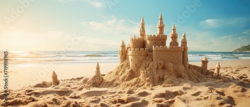 A sandcastle sculpture stands proudly on the beach during a summer vacation, Ai Generated.