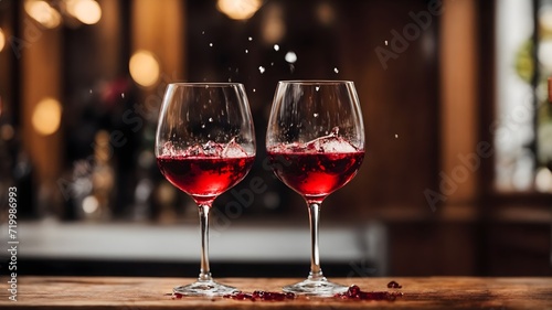 Two glasses of wine on a wooden table against the background of bokeh