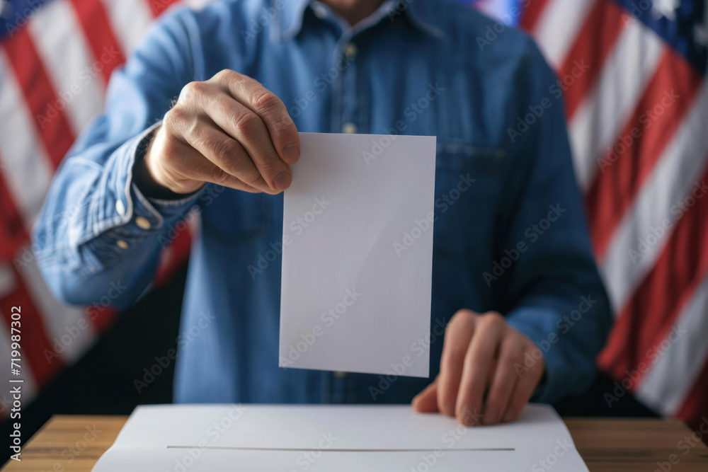 American Citizen Casting Vote. A person is shown placing a voting ballot in a box, with the American flag in the background, representing the democratic process in action American Citizen Casting Vote. A person is shown placing a voting ballot in a box, with the American flag in the background, representing the democratic process in action