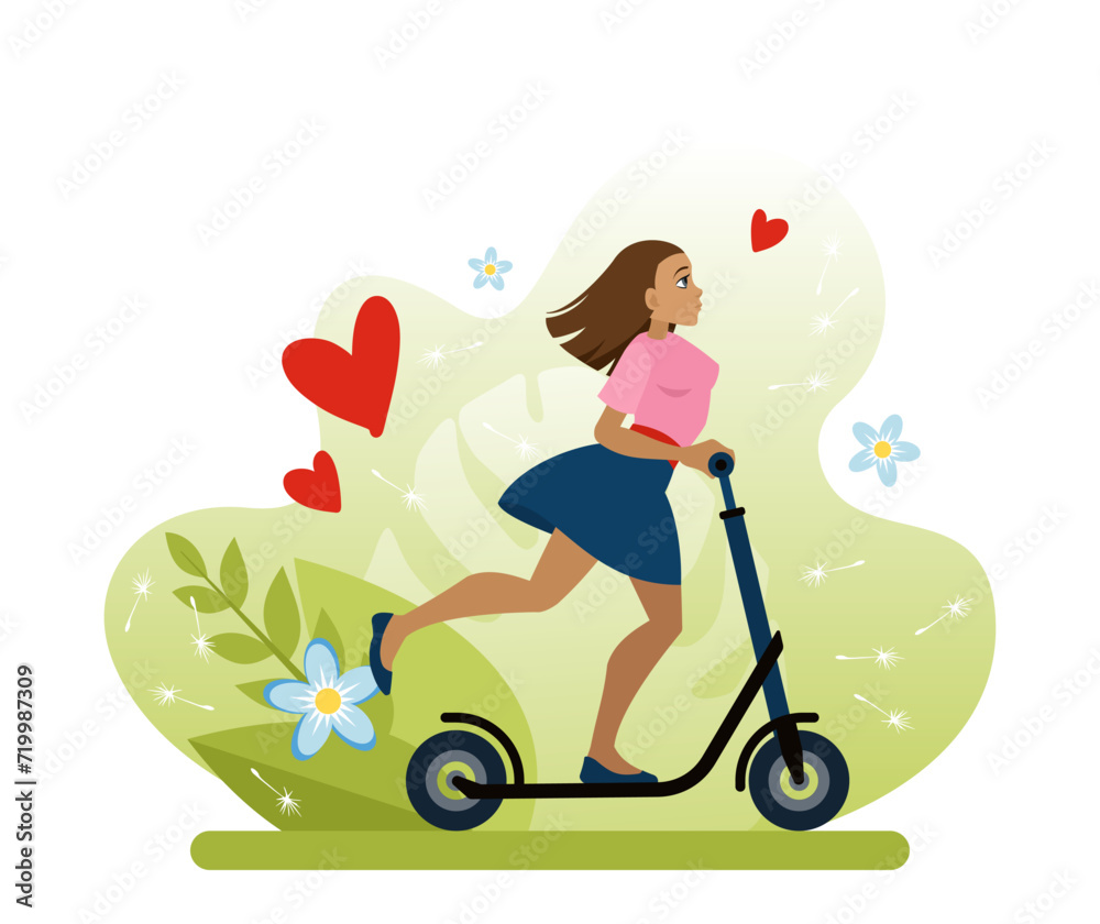 A ride on a scooter. The girl pushes off with her foot, rides a scooter on a warm summer day. A walk in the fresh air. Flat vector illustration in cartoon style A ride on a scooter. The girl pushes off with her foot, rides a scooter on a warm summer day. A walk in the fresh air. Flat vector illustration in cartoon style