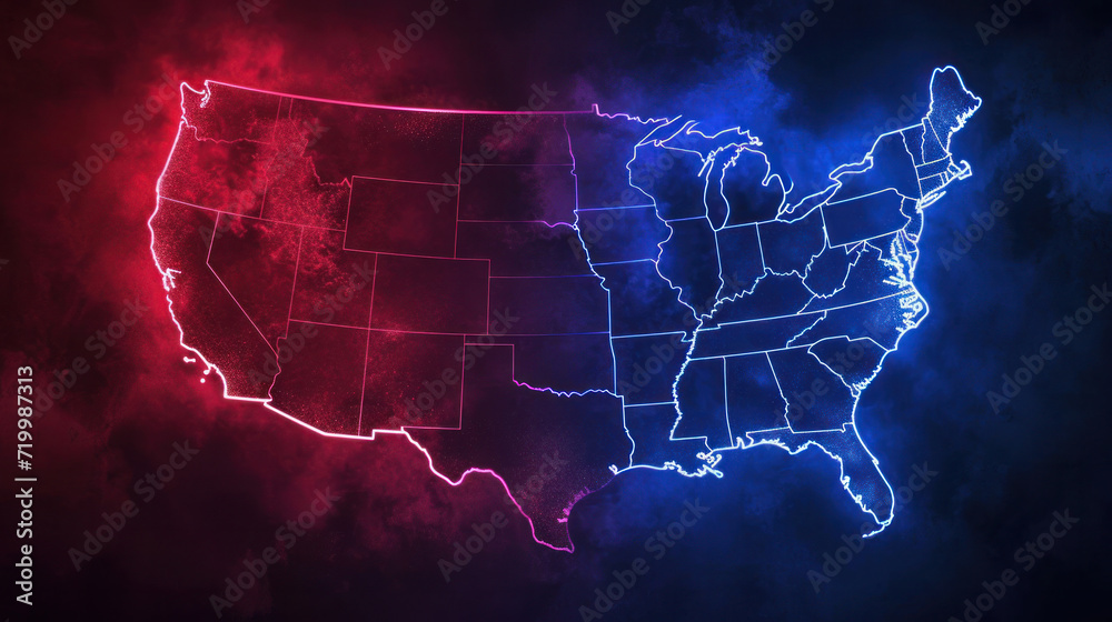 Obraz premium Neon Divided Map of the United States. A striking representation of the US map glows in neon red and blue, symbolizing a country divided along political lines