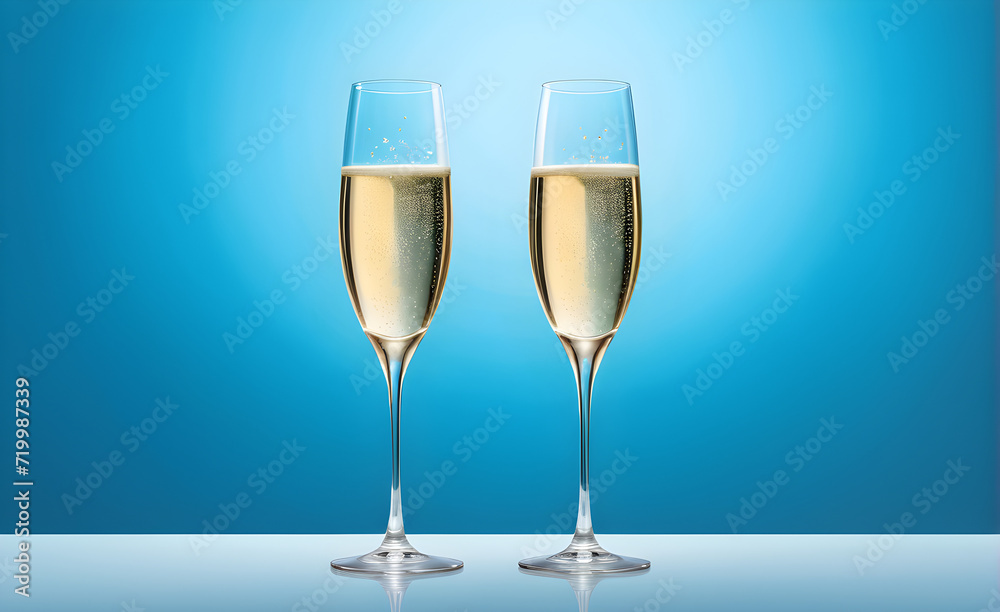 Two champagne glasses on a simple soft blue background, Valentine's Day, Christmas. Generative AI Two champagne glasses on a simple soft blue background, Valentine's Day, Christmas. Generative AI