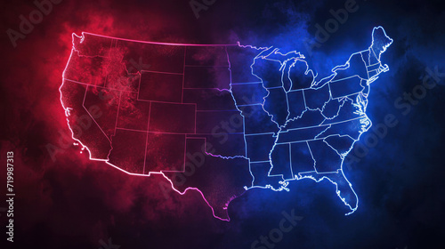 Neon Divided Map of the United States. A striking representation of the US map glows in neon red and blue, symbolizing a country divided along political lines