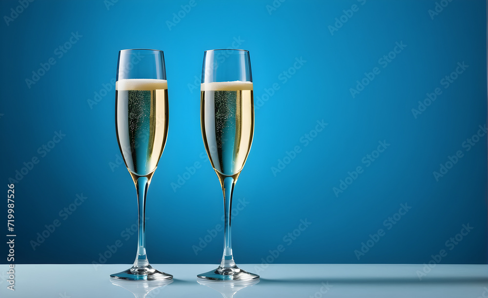 Two champagne glasses on a simple soft blue background, Valentine's Day, Christmas. Generative AI