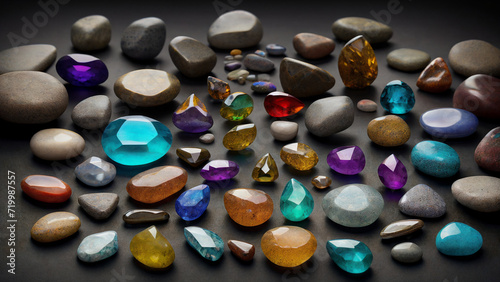Knolling of various colorful stones. For: design, print, card (greeting card), banner, poster, flyer, advertising, wallpaper, interior, menu. Flat lay. 