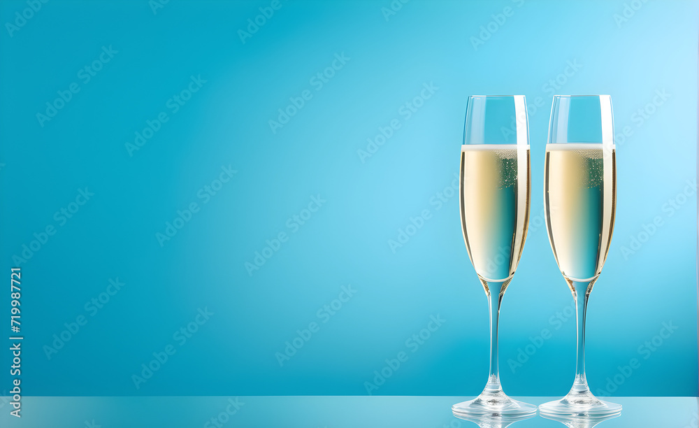 Two champagne glasses on a simple soft blue background, Valentine's Day, Christmas. Generative AI Two champagne glasses on a simple soft blue background, Valentine's Day, Christmas. Generative AI