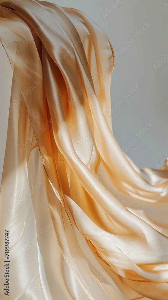 A close-up of a luxurious silk scarf, draped over a minimalist clothing display, capturing the essence of timeless style.