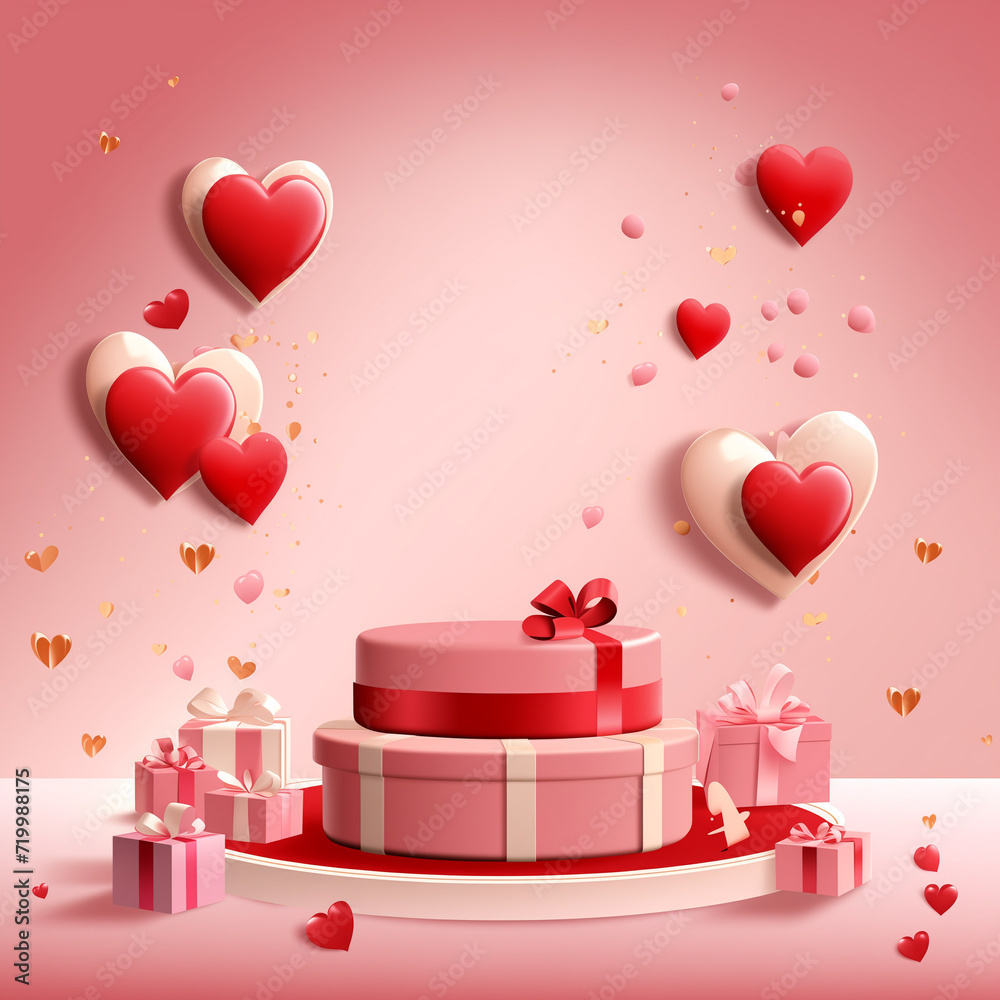 A valentine's day party supply box filled with love and excitement, adorned with pink and white hearts and accompanied by a festive balloon and birthday cake, set against a red wall in an indoor cele A valentine's day party supply box filled with love and excitement, adorned with pink and white hearts and accompanied by a festive balloon and birthday cake, set against a red wall in an indoor cele