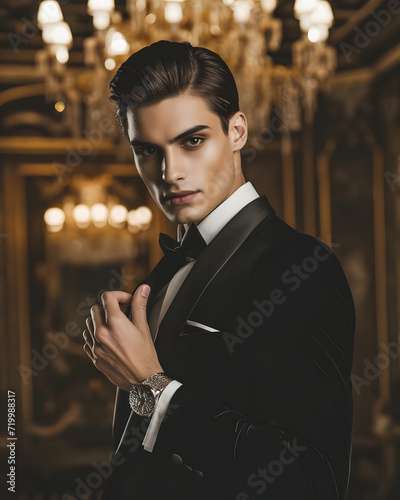 luxury evening wear photoshootmale model sleek combedback hair smoldering expression olive complexio Generative AI photo