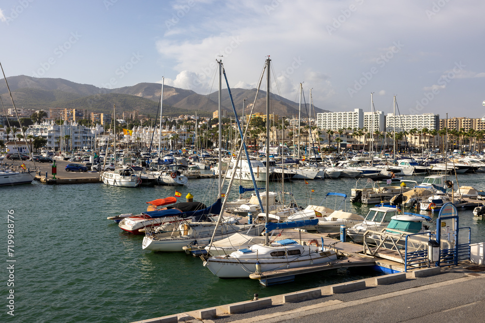 Boats and yachts moored at Puerto Marina in Benalmadena, Costa del Sol Malaga, Spain. This marina has berths for 1100 boat