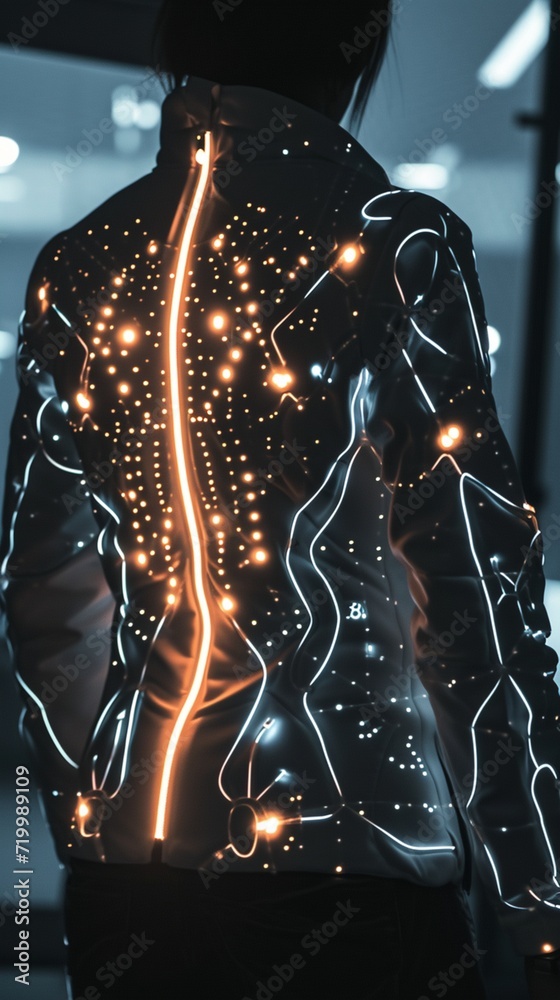A dynamic shot of a high-tech smart jacket with embedded LED lights, representing the fusion of fashion and technology.