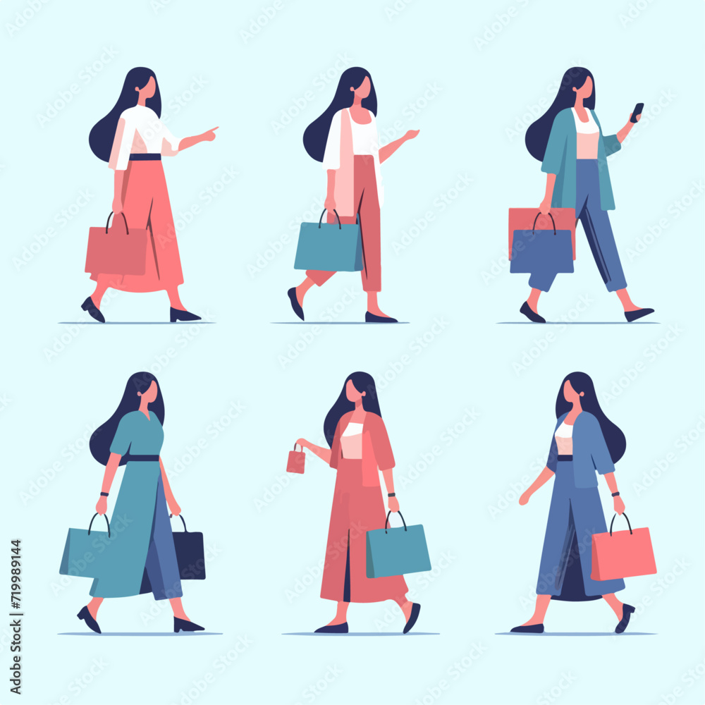 flat illustration set of people walking while carrying shopping bags