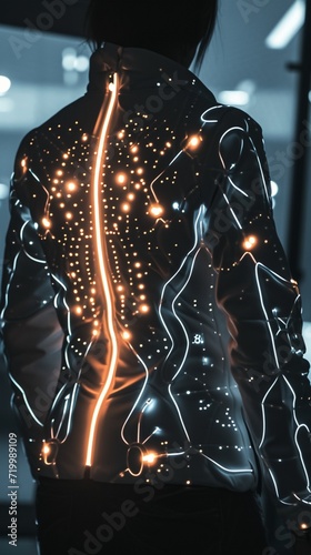 Obraz na płótnie A dynamic shot of a high-tech smart jacket with embedded LED lights, representing the fusion of fashion and technology. w salonie