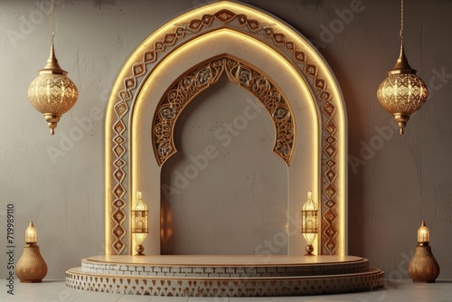 podium with ramadan background, mockup display stand for product presentation, hyper detailed, photorealistic, 16K, ultra realistic, no watermark - generative ai