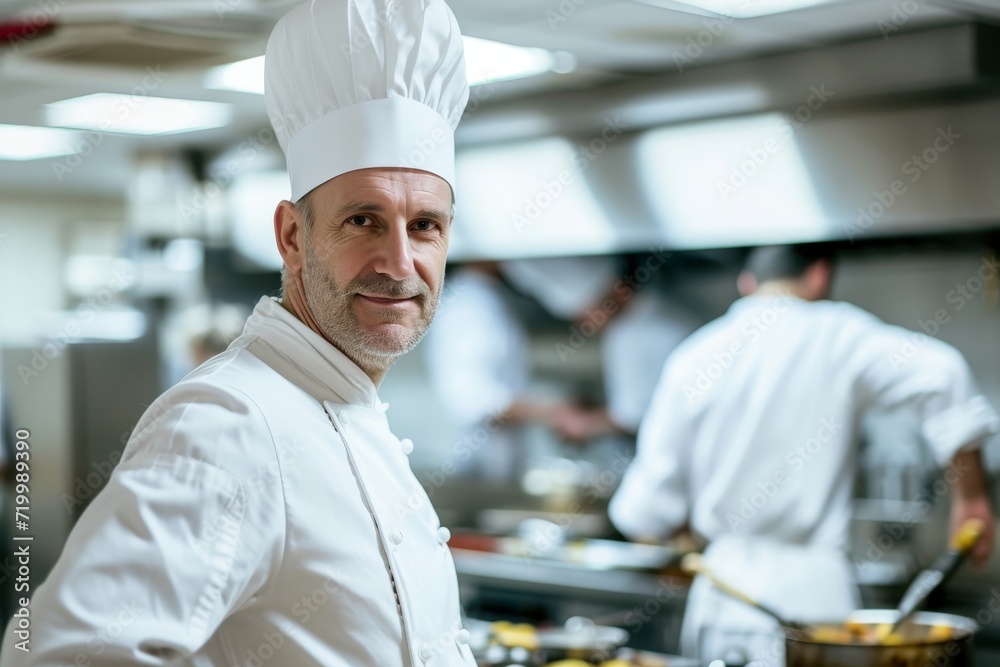 Professional male chef in a white chef's coat and hat, with a busy, high-end kitchen scene behind him 