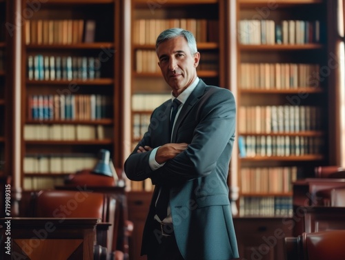 Experienced lawyer in a formal suit, with a law library and legal books slightly out of focus behind him