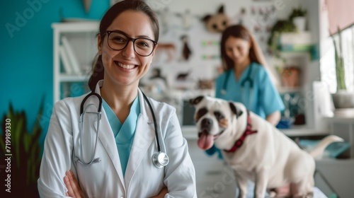 Female veterinarian in a lab coat with a stethoscope, with an animal clinic and pets in the background