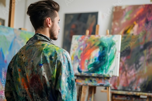 Passionate male painter in a smock, with an art studio and canvases in the background 