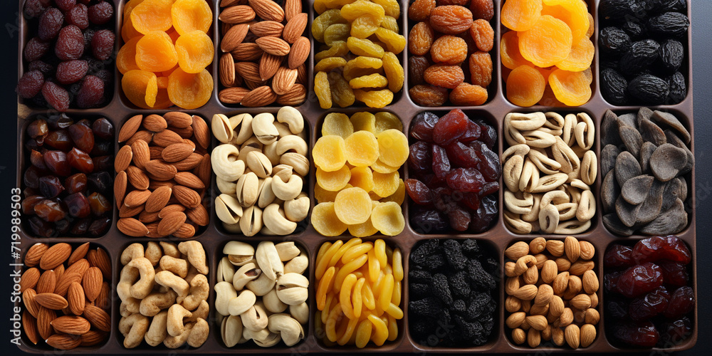 dried fruits on a market,,Natural background made from different kinds of nuts. Assortment of nuts in bowls, AI Generated 