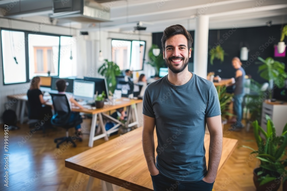 Tech entrepreneur in smart casual wear, with a vibrant startup office and team working behind him Tech entrepreneur in smart casual wear, with a vibrant startup office and team working behind him
