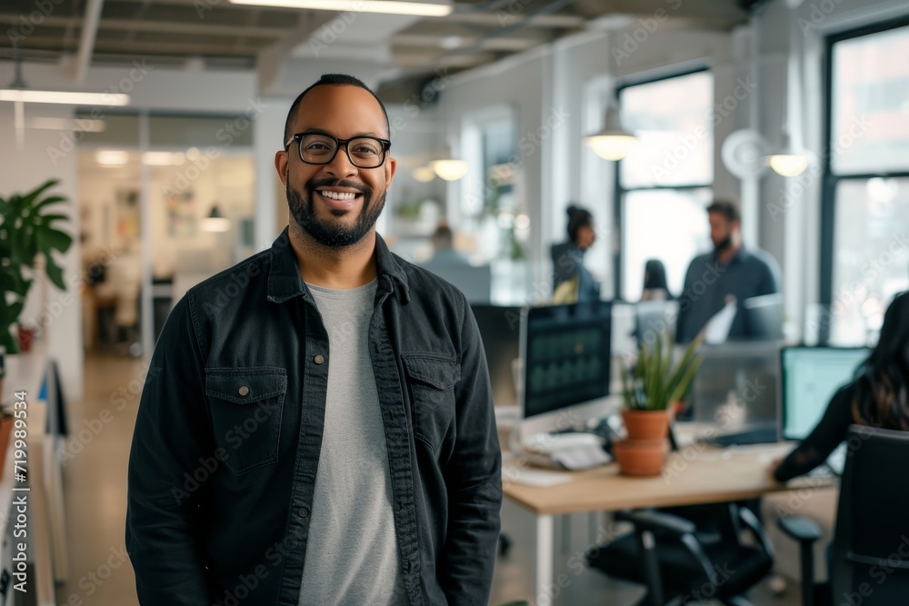 Tech entrepreneur in smart casual wear, with a vibrant startup office and team working behind him Tech entrepreneur in smart casual wear, with a vibrant startup office and team working behind him