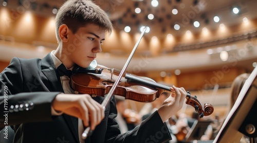 Talented violinist in formal attire, with a concert hall and orchestra in the background 