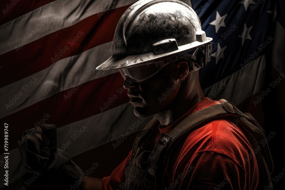 Labour with tools and helmet in front of USA flag symbolizes maintenance service, labour day, and employment. Labour with tools and helmet in front of USA flag symbolizes maintenance service, labour day, and employment.