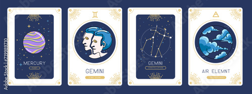 Set of cartoon magic witchcraft cards with astrology Gemini zodiac sign characteristic. Vector illustration
