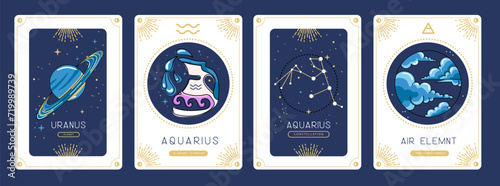 Set of cartoon magic witchcraft cards with astrology Aquarius zodiac sign characteristic. Vector illustration