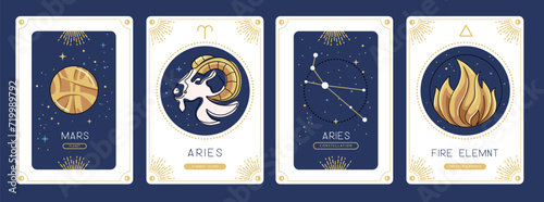 Set of cartoon magic witchcraft cards with astrology Aries zodiac sign characteristic. Vector illustration