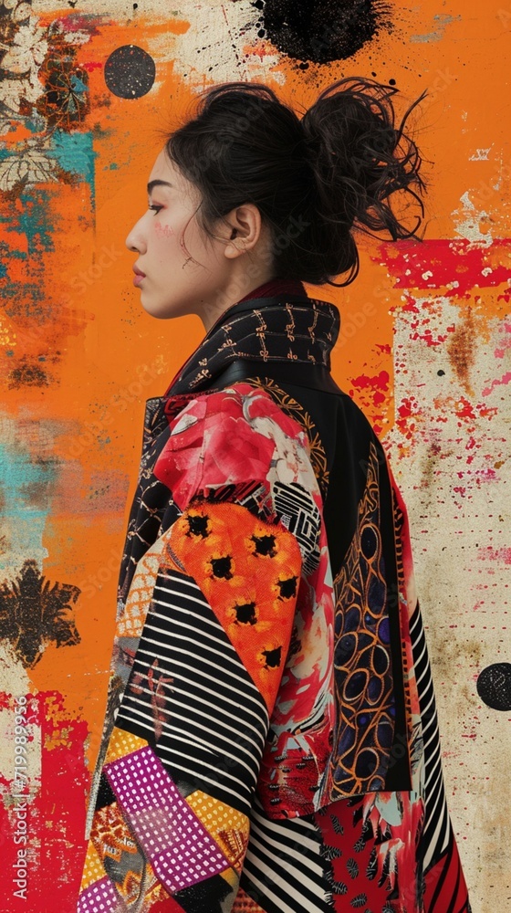 A montage of abstract patterns and textures inspired by traditional textile designs, hinting at a fusion of cultures in fashion.