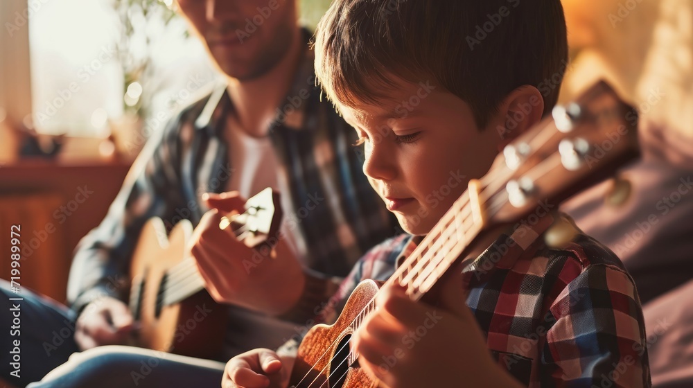 Fototapeta premium Boy learn the ukulele. Educational activities at home. Family lifestyles with children. Father teaching son. Male Student to Play ukulele In Music Lesson. Holiday, recreation, hobbies, music career