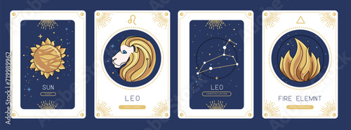 Set of cartoon magic witchcraft cards with astrology Leo zodiac sign characteristic. Vector illustration