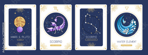 Set of cartoon magic witchcraft cards with astrology Scorpio zodiac sign characteristic. Vector illustration