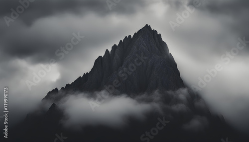  High black rock in low clouds.