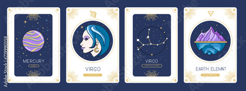 Set of cartoon magic witchcraft cards with astrology Virgo zodiac sign characteristic. Vector illustration