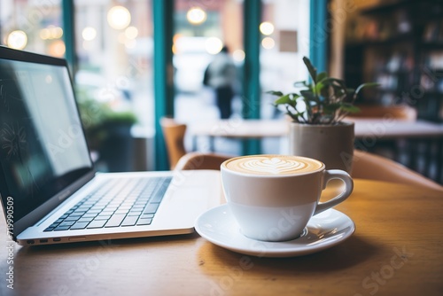 latte beside a laptop on a work desk