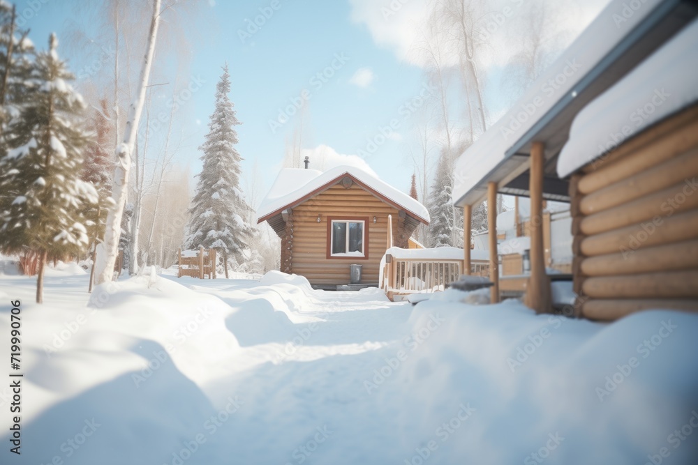 wood cabin with a clear path shoveled through snow