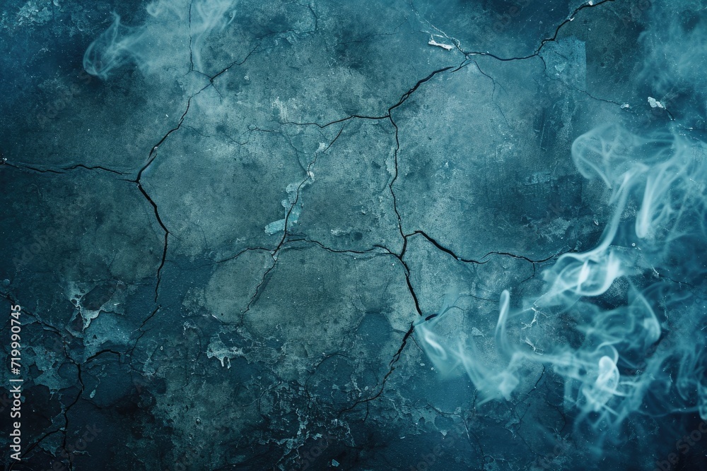 cracked blue cement texture with white smoke. horror background