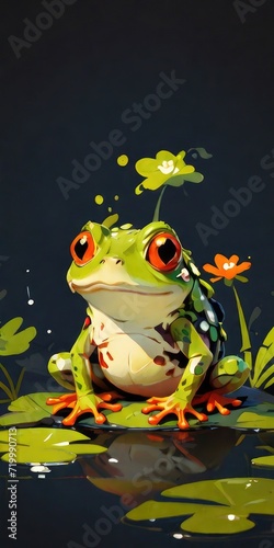 frog on a leaf with black vertical background © alvian