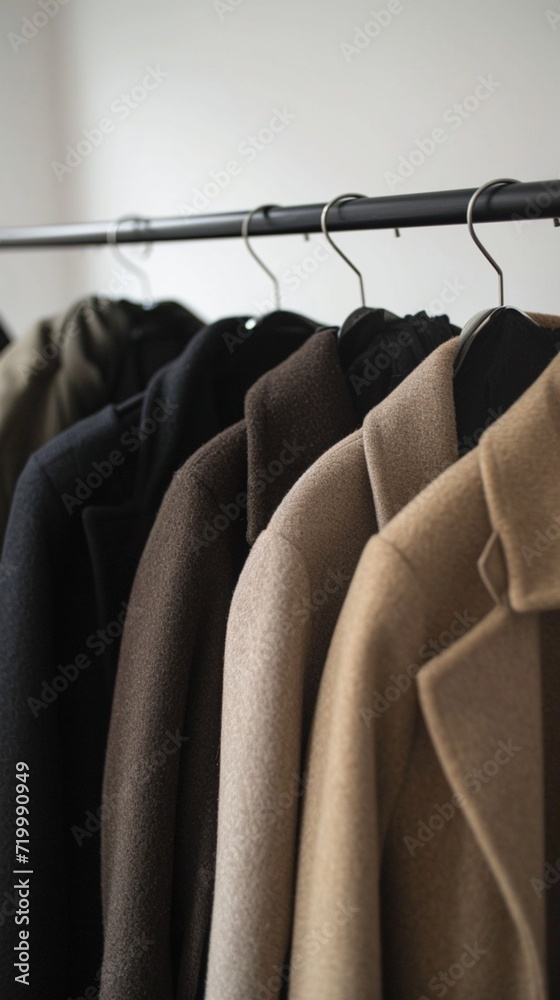 A rack of minimalist coats in various earthy tones, highlighting the elegance and simplicity of modern fashion.