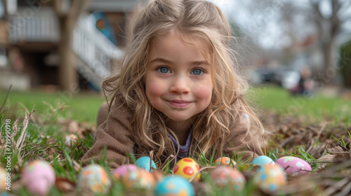 Smiling Girl Participates in Playful Easter Egg Gathering Outdoors