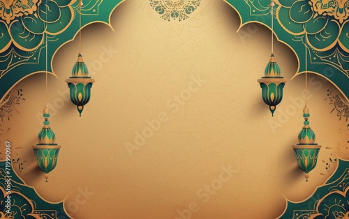 eid mubarak greeting card background, brown texture paper and green mandala with ramadam lantarn  photo