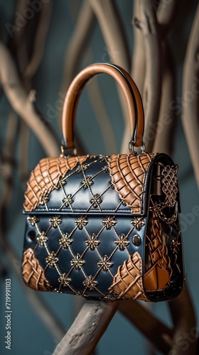 Obraz na płótnie A snapshot of a chic handbag, exuding sophistication with its intricate stitching and metallic accents. w salonie