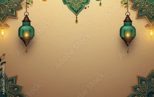 eid mubarak greeting card background, brown texture paper and green mandala with ramadam lantarn  photo